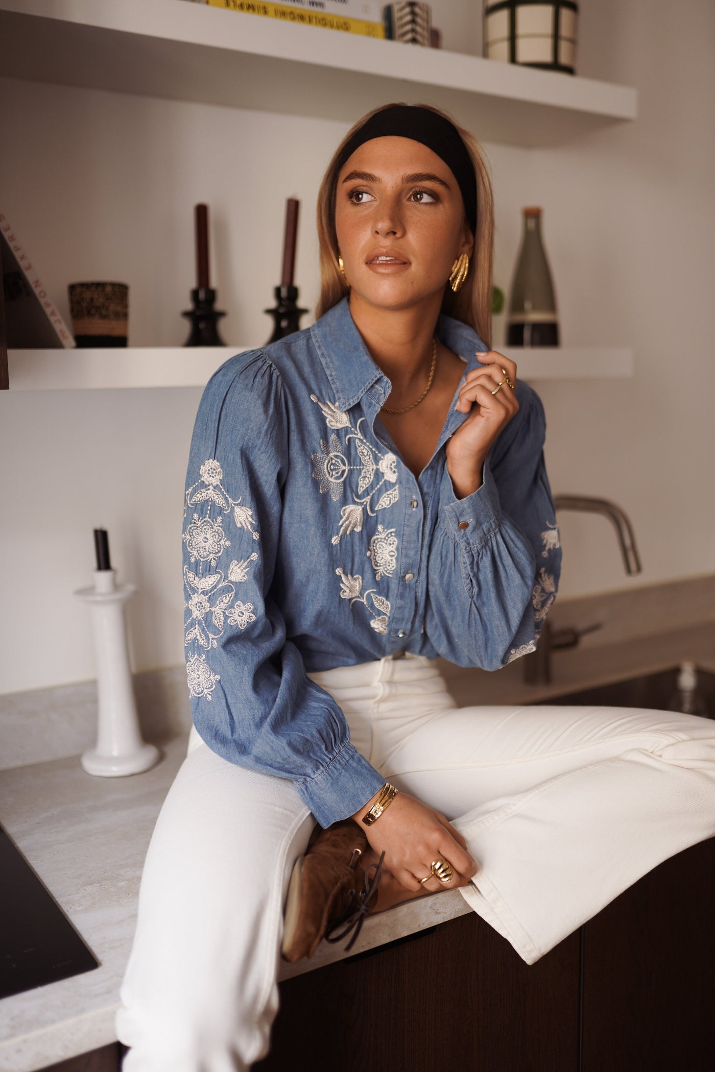 Blusa de denim Florine - Azul/Blanco